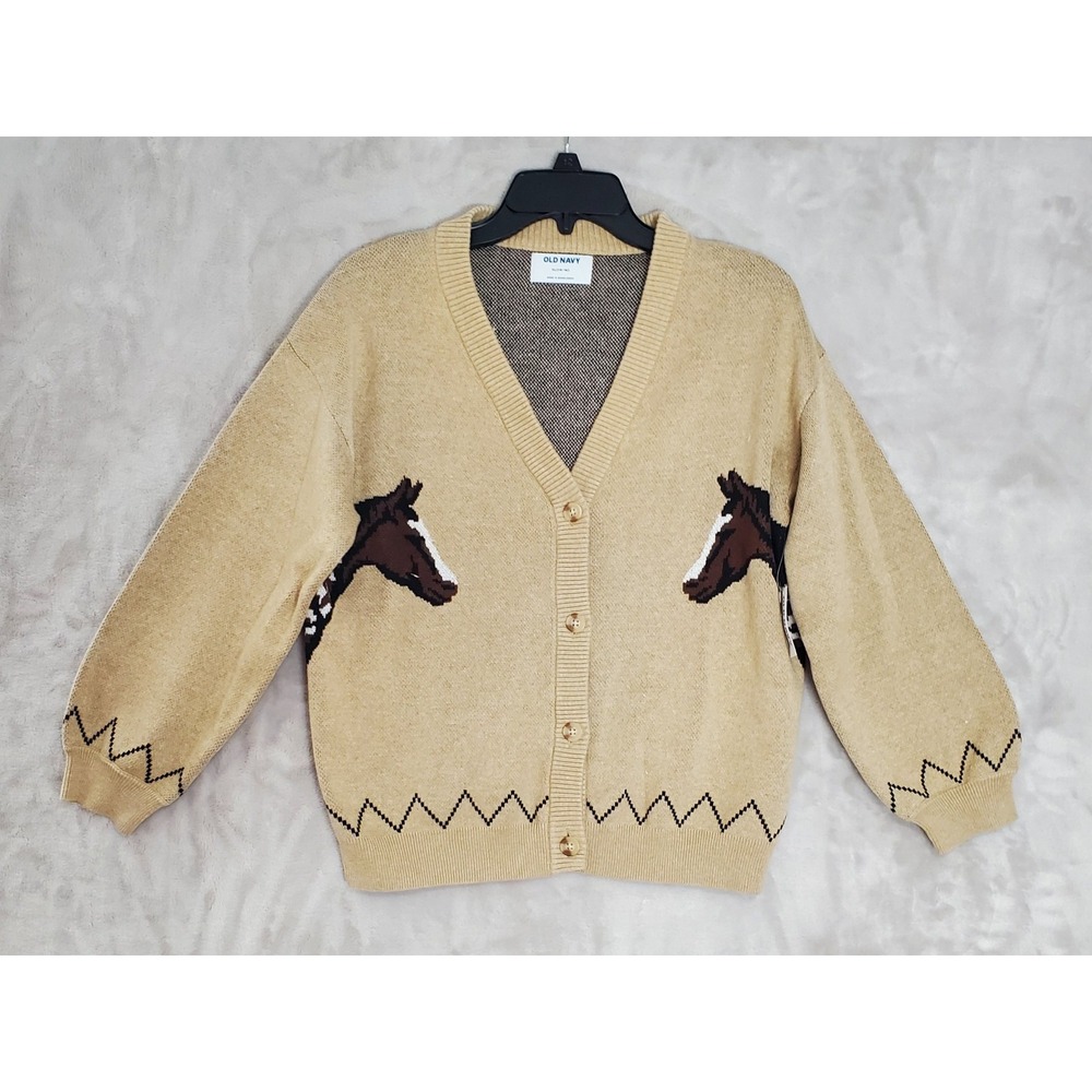Old Navy Horse Cardigan Youth XL (14-16) Sweater Camel Tan V Neck Equestrian NWT